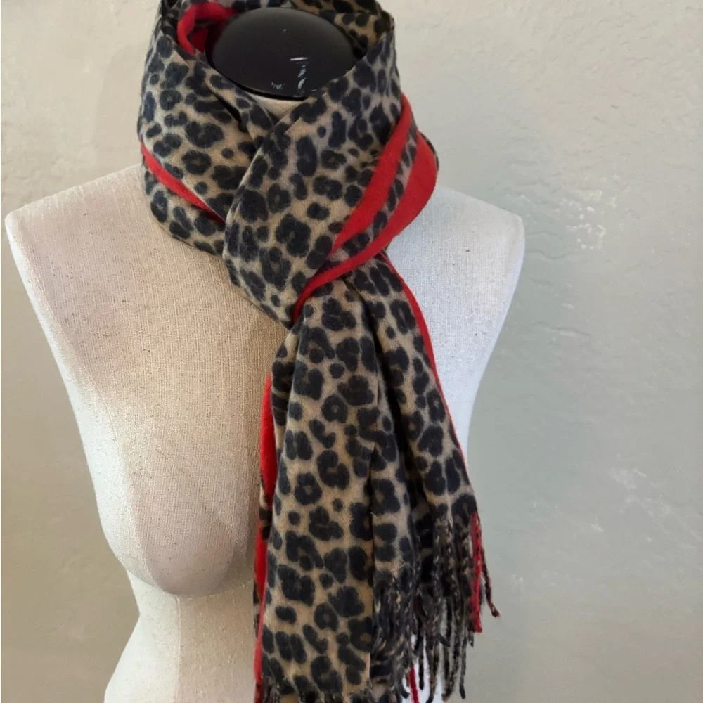 Leopard Print Scarf with Red Stripe - Women Accessories